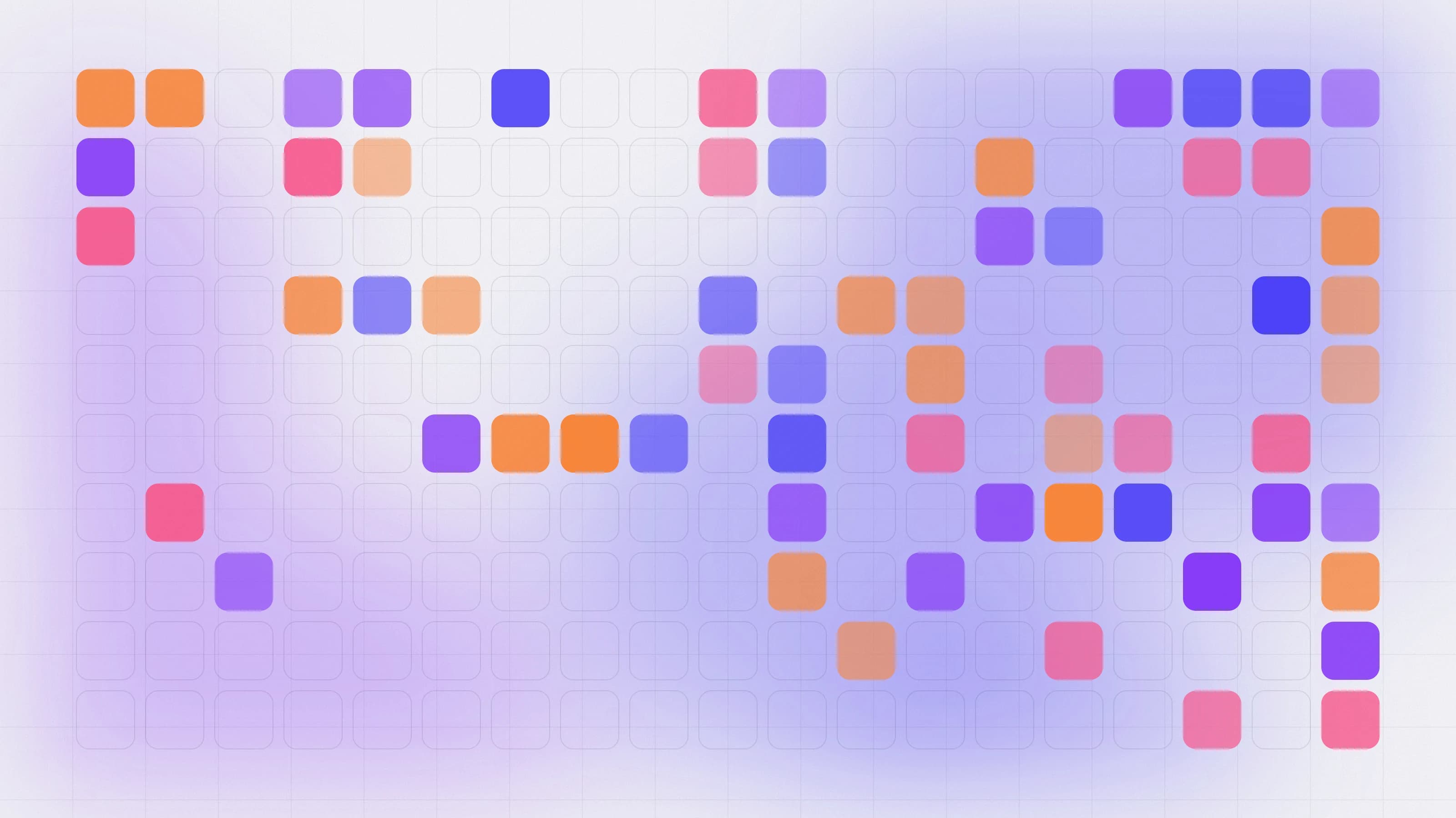 A mosaic of rounded tiles in indigo, violet, pink and orange on a light grid