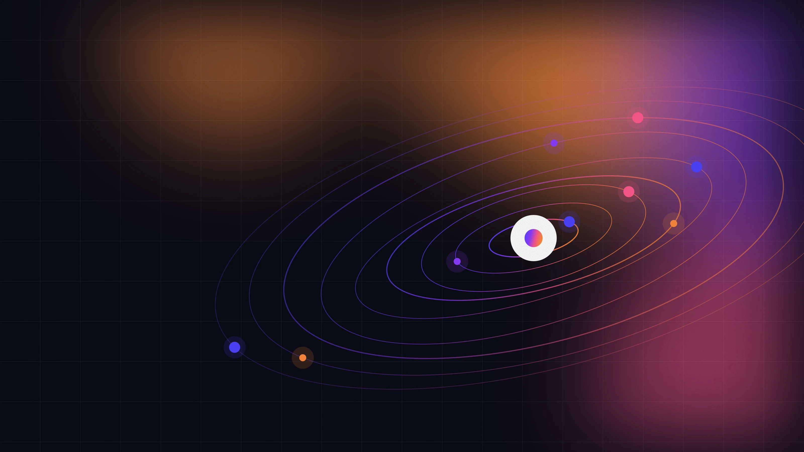 Gradient orbital rings with two glowing nodes on a dark background with a warm glow